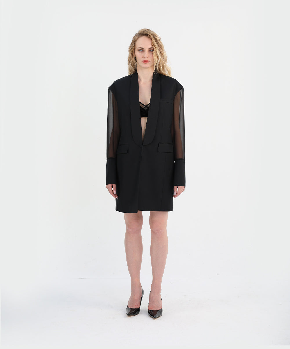 Detailed Black Silk Dress-Blazer