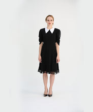 Load image into Gallery viewer, Silk Chiffon Black Dress with White Collar

